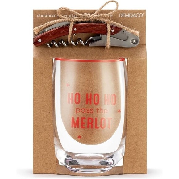 DEMDACO Ho Ho Ho Merlot 12 oz Wine Glass & Corkscrew Holiday Gift Set NEW - Picture 1 of 3